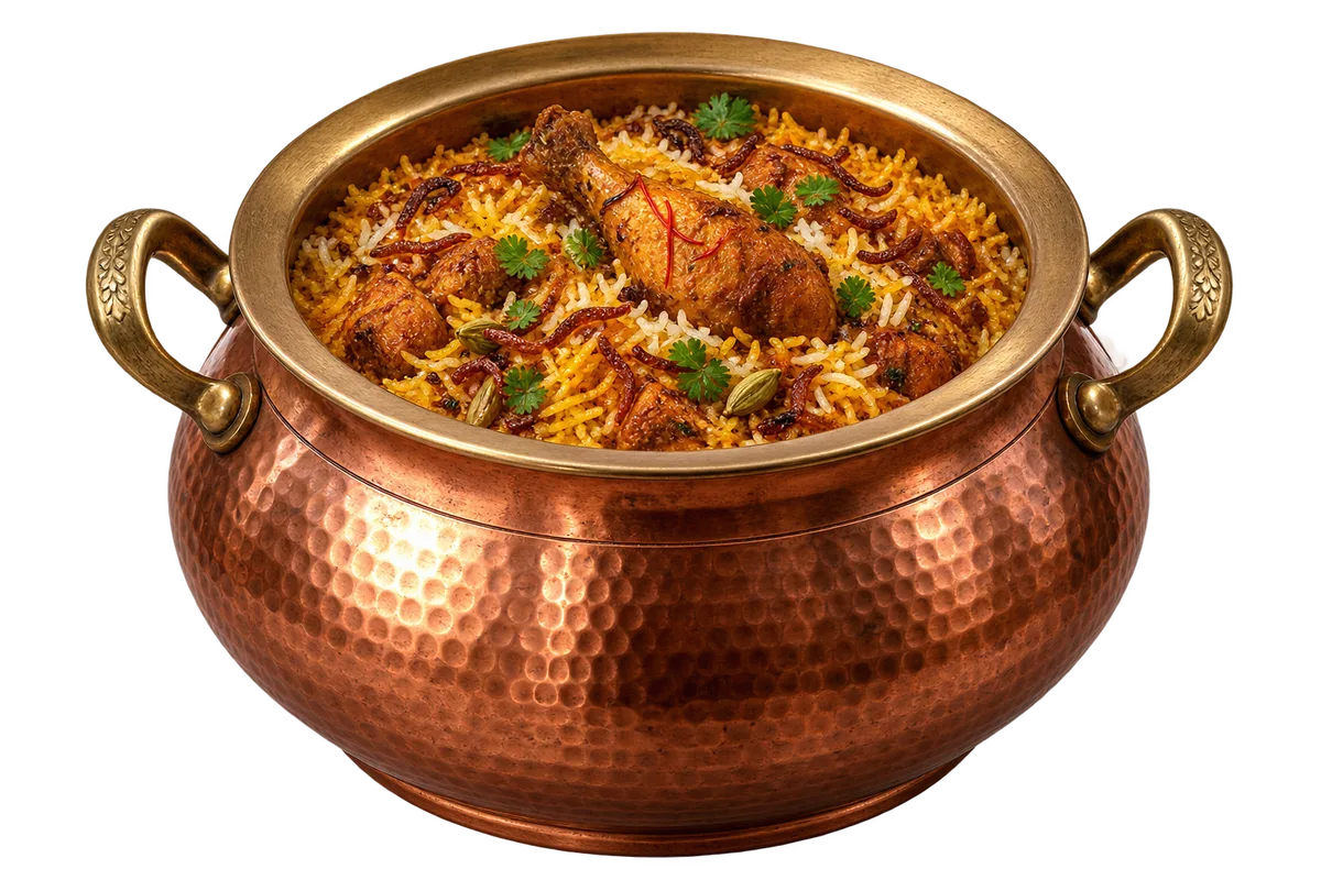 Copper handi filled with Indian biryani